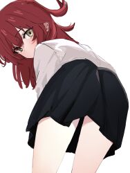 Rule 34 | 1girl, ass, bent over, black skirt, bocchi the rock!, commentary request, cowboy shot, from behind, green eyes, highres, kita ikuyo, leaning forward, long hair, looking at viewer, looking back, miniskirt, red hair, shirt, simple background, skirt, solo, ukitaryu, white background, white shirt