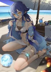 Rule 34 | 1girl, anklet, ball, barefoot, beach, beach umbrella, bikini, blue hair, book, book stack, breasts, commentary request, cup, cupping glass, drinking glass, feet, genshin impact, hair between eyes, highres, jacket, jewelry, layla (genshin impact), legs, long hair, looking at viewer, meda, medium breasts, navel, ocean, off shoulder, open clothes, open jacket, open mouth, pointy ears, sarong, sitting, soles, solo, stomach, sunsettia (genshin impact), swimsuit, thighlet, thighs, toes, umbrella, very long hair, wariza, water, white bikini, yellow eyes