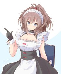Rule 34 | 1girl, alternate costume, apron, black skirt, blue eyes, breasts, brown hair, cleavage, commentary request, enmaided, frilled apron, frills, highres, kantai collection, large breasts, long hair, looking at viewer, maid, maid headdress, menu, messy hair, one-hour drawing challenge, sheffield (kancolle), shizuna kaede, skirt, solo, waitress, white apron
