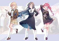 Rule 34 | 3girls, :d, absurdres, ahoge, arm behind head, arm up, bag, bag charm, bandaid, bandaid on knee, bandaid on leg, black footwear, black hair, black jacket, black necktie, black shirt, black skirt, blonde hair, blue eyes, blush, border, brown footwear, brown jacket, brown skirt, buttons, cellphone, character print, charm (object), chinese commentary, closed mouth, clothes lift, collared shirt, colored shadow, commentary, drop shadow, facing viewer, floating clothes, floating hair, full body, hair behind ear, hair ornament, hairclip, halftone, hand in pocket, hand on own hip, hand up, heart, heart hair ornament, hidari (nanmu-left), highres, holding, holding bag, holding phone, jacket, lapels, letterboxed, lifted by self, loafers, long hair, long skirt, long sleeves, looking at phone, looking at viewer, loose socks, miniskirt, multiple girls, necktie, notched lapels, one eye closed, open clothes, open jacket, open mouth, original, parted lips, phone, pink eyes, pink hair, plaid, plaid skirt, pleated skirt, pocket, purple border, raised eyebrows, red eyes, sailor collar, school bag, school uniform, shadow, shirt, shoes, short hair, skirt, skirt lift, sleeves past elbows, sleeves past wrists, smartphone, smile, socks, standing, standing on one leg, star (symbol), star hair ornament, star print, straight hair, tareme, teeth, twintails, upper teeth only, very long hair, white sailor collar, white shirt, white socks, wind, wind lift, wing collar, zoom layer