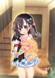Rule 34 | 1girl, animal, animal ears, animal hood, animal hug, bare shoulders, blue eyes, blue skirt, blurry, blurry background, blush, bow, braid, brown hair, brown jacket, camisole, cat, cat ears, cat hood, cat tail, collarbone, commentary request, depth of field, fake animal ears, green bow, green eyes, hair between eyes, hair bow, highres, hood, hood down, hooded jacket, indoors, jacket, long hair, looking at viewer, momonomi, open clothes, open jacket, open mouth, original, pink bow, pink camisole, round teeth, skirt, solo, stairs, standing, tail, teeth, upper teeth only