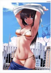 Rule 34 | 1girl, absurdres, bikini, bikini under clothes, black hair, blue eyes, blue sky, breasts, closed mouth, cloud, collarbone, dark-skinned female, dark skin, day, highres, lips, looking at viewer, medium breasts, navel, outdoors, side-tie bikini bottom, sky, solo, swimsuit, swimsuit under clothes, toranoana, undressing