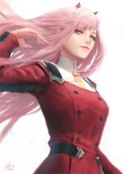 Rule 34 | 10s, 1girl, aqua eyes, buttons, chromatic aberration, darling in the franxx, double-breasted, dress, eyeshadow, hairband, hands in hair, highres, horns, looking at viewer, makeup, military, military uniform, orange neckwear, pink hair, raikoart, red dress, smile, solo, straight hair, uniform, white hairband, zero two (darling in the franxx)