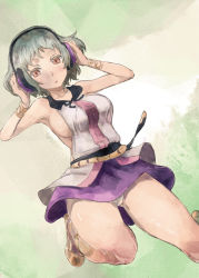 Rule 34 | 1girl, armlet, bare arms, bare legs, bare shoulders, breasts, clothing cutout, cosplay, fundoshi, green hair, headphones, japanese clothes, large breasts, microskirt, no bra, panties, pantyshot, red eyes, revealing clothes, short hair, side cutout, sideboob, skirt, soga no tojiko, solo, standing, touhou, toyosatomimi no miko, toyosatomimi no miko (cosplay), underwear, yohane