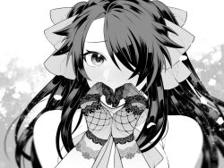 Rule 34 | 1boy, bare shoulders, black hair, blush, crossdressing, fate/grand order, fate (series), fujimaru ritsuka (male), gloves, greyscale, hair ribbon, heart, heart hands, highres, lace, lace gloves, looking at viewer, monochrome, ribbon, taiko (amefrogs), twintails