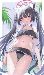 Rule 34 | 1girl, animal ear fluff, animal ears, bare shoulders, bikini, black bikini, black hair, blue archive, blush, breasts, cat ears, fang, frilled bikini, frills, hair ribbon, halo, halterneck, highres, izuoku, long hair, looking at viewer, navel, off-shoulder bikini, off shoulder, red eyes, ribbon, serika (blue archive), serika (swimsuit) (blue archive), skin fang, small breasts, solo, standing, stomach, swimsuit, thigh gap, twintails, very long hair, wet