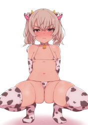 Rule 34 | 1girl, angry, animal print, ass, bikini, blush, breasts, cleavage, collar, cow horns, cow print, embarrassed, highres, horns, karee no sekai, micro bikini, navel, small breasts, solo, squatting, sweat, swimsuit, thighhighs