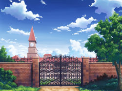 Rule 34 | aoha (twintail), blue sky, brick wall, bush, clock, clock tower, cloud, day, female focus, gate, no humans, scarlet devil mansion, scenery, sky, touhou, tower, tree