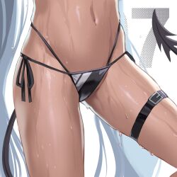 Rule 34 | 1girl, absurdres, bikini, black bikini, blue archive, commentary, dark-skinned female, dark skin, demon tail, english commentary, grey hair, highres, hip focus, iori (blue archive), iori (swimsuit) (blue archive), khoaphan96, long hair, lower body, navel, solo, stomach, swimsuit, tail, thigh strap, thighs, twintails, very long hair, wet