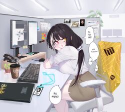 Rule 34 | 1girl, bare legs, black hair, blush, breast rest, breasts, brown skirt, eonsang, feet out of frame, girls&#039; frontline, hair ornament, hair scrunchie, head rest, heterochromia, highres, indoors, jacket, unworn jacket, keyboard (computer), lanyard, large breasts, long hair, looking at viewer, monitor, multicolored hair, office lady, pencil skirt, photo (object), pov, ro635 (girls&#039; frontline), scrunchie, shirt, shirt tucked in, skirt, solo, speech bubble, streaked hair, swivel chair, translation request, triangle mouth, very long hair, white hair, white shirt