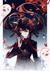 Rule 34 | 1girl, absurdres, black coat, black hat, boo tao (genshin impact), brown hair, bug, butterfly, coat, commentary, cowboy shot, dated, floating hair, flower, flower-shaped pupils, genshin impact, grin, hat, hat flower, highres, holding, hu tao (genshin impact), insect, jewelry, long hair, long sleeves, looking at viewer, multicolored hair, one eye closed, plum blossoms, porkpie hat, red eyes, red hair, red shirt, ring, scarlett (artist), shirt, signature, smile, solo, symbol-shaped pupils, two-tone hair