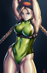Rule 34 | 1girl, ahoge, arms up, artist logo, blonde hair, blue eyes, braid, breasts, cammy white, capcom, commentary, cowboy shot, english commentary, finalcake, green leotard, highres, holster, leotard, long hair, medium breasts, solo, standing, street fighter, street fighter ii (series), symbol-only commentary, thigh holster, turtleneck, twin braids