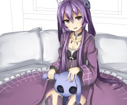 Rule 34 | 1girl, battery aida ni misu ga deta, bed, breasts, brown eyes, choker, cleavage, dress, hair ornament, holding, holding stuffed toy, jewelry, long hair, looking at viewer, memento (sennen sensou aigis), necklace, on bed, open mouth, pillow, purple dress, purple hair, sennen sensou aigis, simple background, sitting, solo, stuffed animal, stuffed toy, very long hair