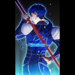 Rule 34 | 1boy, blue hair, cu chulainn (fate), dated, earrings, fate/stay night, fate (series), from behind, gae bolg (fate), glowing, glowing eyes, jewelry, cu chulainn (fate/stay night), long hair, male focus, pillarboxed, polearm, ponytail, red eyes, san moto, solo, spear, weapon