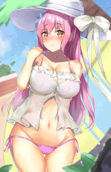 Rule 34 | 1girl, azur lane, bare shoulders, bikini, bikini under clothes, blue sky, blurry, blurry foreground, blush, bow, breasts, brown eyes, cleavage, cloud, collarbone, commentary request, day, depth of field, fish, groin, hair between eyes, hand up, hat, highres, houraku, large breasts, long hair, navel, nose blush, outdoors, palm tree, pink bikini, pink hair, quincy (azur lane), quincy (sizzling summer brisk breeze) (azur lane), ribbon, see-through, side-tie bikini bottom, sky, solo, strapless, swimsuit, thigh gap, tree, very long hair, white bow, white hat, white ribbon