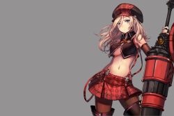 Rule 34 | 10s, 1girl, alisa ilinichina amiella, black gloves, black pantyhose, blonde hair, blue eyes, boots, breasts, cabbie hat, cowboy shot, elbow gloves, fingerless gloves, gloves, god eater, god eater burst, hat, highres, huge weapon, long hair, looking at viewer, midriff, momoko (momopoco), navel, pantyhose, plaid, plaid skirt, simple background, skirt, solo, suspenders, thigh boots, thighhighs, underboob, wallpaper, weapon