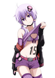 Rule 34 | 1girl, :&gt;, adapted costume, ahoge, animal print, arm at side, bare shoulders, belt, body writing, bow, bra, breasts, cleavage, closed mouth, clothes lift, clothes writing, cowboy shot, detached sleeves, hair ornament, head tilt, highres, jacket, lifted by self, long sleeves, looking at viewer, navel, no10, off shoulder, open clothes, open jacket, purple bow, purple bra, purple eyes, purple hair, purple ribbon, purple shorts, purple thighhighs, rabbit print, ribbed legwear, ribbed sleeves, ribbon, shirt lift, short hair with long locks, shorts, simple background, small breasts, solo, stomach, thighhighs, underwear, vocaloid, voiceroid, white background, yuzuki yukari