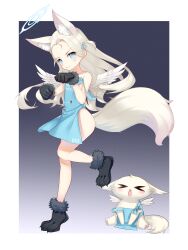 Rule 34 | 1girl, 1other, :3, absurdres, alternate costume, angel wings, animal ears, animal hands, animalization, apron, ass, blue archive, blue eyes, commentary request, dual persona, feathered wings, forehead, fox, fox ears, fox girl, fox tail, gloves, grey hair, hair ribbon, halo, highres, kemonomimi mode, long hair, looking at viewer, n3moni, naked apron, parted bangs, paw gloves, paw pose, ribbon, sidelocks, simple background, sleeveless, smile, sora (blue archive), standing, standing on one leg, tail, v-shaped eyebrows, white wings, wings