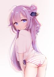 Rule 34 | 1girl, ass, azur lane, bad id, bad pixiv id, black ribbon, blue eyes, blush, breasts, brown background, commentary request, gradient background, hair between eyes, hair bun, hair ribbon, leaning forward, long hair, looking at viewer, looking to the side, maeha, no pants, one side up, panties, purple hair, ribbon, ringlets, see-through, shirt, short sleeves, side bun, single hair bun, single side bun, small breasts, solo, striped clothes, striped panties, underwear, unicorn (azur lane), very long hair, white background, white shirt