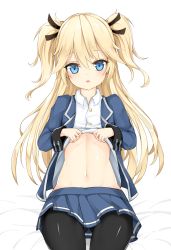 Rule 34 | 1girl, black pantyhose, blonde hair, blouse, blue eyes, blue jacket, blue skirt, chixiao, clothes lift, cowboy shot, girls&#039; frontline, highres, jacket, lifting own clothes, long hair, looking at viewer, navel, pantyhose, parted lips, shirt, shirt lift, skirt, solo, stomach, super-shorty (girls&#039; frontline), two side up, white background, white shirt