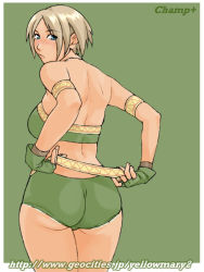 Rule 34 | 1girl, armband, artist name, ass, bandeau, bare shoulders, blonde hair, blue eyes, border, breasts, capcom, champ+, character request, cowboy shot, fingerless gloves, from behind, gloves, green background, green gloves, green shorts, huge ass, legs together, looking at viewer, looking back, medium breasts, midriff, monster hunter (series), no bra, outside border, short hair, short shorts, shorts, simple background, solo, standing, watermark, web address, white border