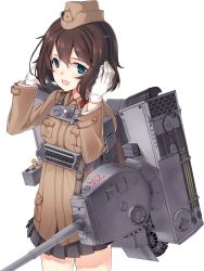 Rule 34 | 1girl, :d, backpack, bad id, bad twitter id, bag, blue eyes, blush, brown hair, cannon, character request, cowboy shot, cross, garrison cap, gloves, hat, headphones, iron cross, long sleeves, looking at viewer, machinery, milihime taisen, military, military uniform, open mouth, panzer waltz, shell casing, short hair, simple background, skirt, smile, solo, tama (tamatamo), tarczay (milihime taisen), turret, underbust, uniform, white background, white gloves