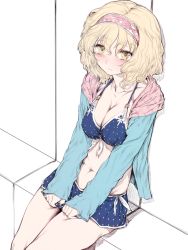 Rule 34 | 1girl, alice margatroid, alternate eye color, bikini, bikini top only, blonde hair, blush, collarbone, colorized, geppewi, hairband, long sleeves, looking at viewer, navel, open clothes, open vest, panties, polka dot, polka dot bikini, polka dot swimsuit, short hair, simple background, sitting, sketch, solo, swimsuit, touhou, underwear, vest, yellow eyes