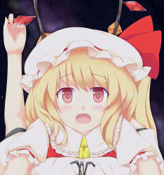Rule 34 | 2girls, ascot, blonde hair, blush, coo (coonekocoo), fang, female focus, female pov, flandre scarlet, grabbing another&#039;s wing, hat, hat ribbon, highres, hug, looking at viewer, multiple girls, night, open mouth, pov, red eyes, ribbon, shameimaru aya, short sleeves, side ponytail, sky, touhou, wings