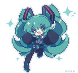 Rule 34 | :d, bare shoulders, black footwear, black sleeves, boots, chibi, collared shirt, dated, detached sleeves, green eyes, green hair, green necktie, grey shirt, hair ornament, hatsune miku, highres, leg up, long hair, looking at viewer, miniskirt, necktie, open mouth, shirt, shoulder tattoo, skirt, sleeveless, sleeveless shirt, sleeves past fingers, sleeves past wrists, smile, sparkle, tattoo, thigh boots, twintails, very long hair, vocaloid, white background, xianyudian laoban