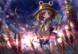 Rule 34 | 1girl, blonde hair, blush, brown hair, cloud, dutch angle, female focus, field, frog, hair ribbon, hat, lens flare, moriya suwako, night, night sky, own hands together, ribbon, shino (eefy), sky, solo, standing, sunlight, sunset, thighhighs, touhou, wheat, wide sleeves, yellow eyes