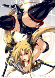 Rule 34 | 00s, 1girl, bardiche (nanoha), bardiche (riot zanber stinger) (nanoha), blonde hair, breasts, cameltoe, fat mons, fate testarossa, fate testarossa (true sonic form), gloves, katsuki yousuke, large breasts, lightning, long hair, lyrical nanoha, magic circle, mahou shoujo lyrical nanoha, mahou shoujo lyrical nanoha strikers, muscular, red eyes, sideboob, solo, spread legs, thighhighs, twintails, very long hair