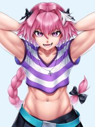 Rule 34 | 1boy, abs, arms behind head, arms up, astolfo (fate), belt, belt buckle, bow, braid, braided ponytail, buckle, commentary, cropped shirt, english commentary, fang, fate/apocrypha, fate (series), hair between eyes, hair bow, highres, long hair, looking at viewer, male focus, midriff, multicolored hair, navel, open mouth, pink hair, purple eyes, shirt, short sleeves, simple background, skin fang, skirt, skylock, solo, striped clothes, striped shirt, teeth, tongue, two-tone hair, upper body, white hair