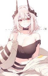 Rule 34 | 1girl, alternate hairstyle, arknights, armpit crease, black sports bra, blush, breasts, cleavage, cut-here line, demon girl, demon horns, hair ornament, hand in own hair, hand up, highres, horns, hyeroin, infection monitor (arknights), jumpsuit, jumpsuit around waist, large breasts, long sleeves, material growth, medium hair, midriff, mudrock (arknights), mudrock (elite ii) (arknights), navel, off shoulder, oripathy lesion (arknights), pointy ears, red eyes, simple background, solo, sports bra, strap slip, white background, white hair, white jumpsuit
