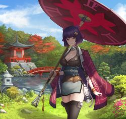 Rule 34 | 1girl, absurdres, architecture, bob cut, bow, breasts, bridge, building, cleavage, cloud, daika (last origin), day, dress, east asian architecture, green eyes, hair bow, hair ornament, hair ribbon, hairclip, highres, jewelry, large breasts, last origin, looking at viewer, mole, mole under eye, necklace, outdoors, pagoda, poper (arin sel), purple eyes, purple hair, ribbon, scenery, short dress, short hair, sky, smile, solo, standing, thighhighs, tree, umbrella