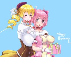 Rule 34 | 10s, 2girls, alternate breast size, beret, blonde hair, blush, breasts, closed eyes, corset, covered erect nipples, drill hair, gift, hair ornament, hair ribbon, hairpin, hat, highres, hug, hug from behind, huge breasts, kaname madoka, magical girl, mahou shoujo madoka magica, mahou shoujo madoka magica (anime), mizuumi (bb), multiple girls, open mouth, pink eyes, pink hair, pleated skirt, puffy sleeves, ribbon, short hair, short twintails, skirt, tomoe mami, twin drills, twintails