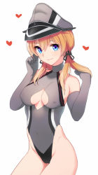 Rule 34 | 10s, 1girl, adapted costume, bad id, bad pixiv id, bare shoulders, blonde hair, blue eyes, breasts, cleavage, cleavage cutout, clothing cutout, covered erect nipples, elbow gloves, gloves, grey gloves, hat, heart, highleg, highleg leotard, kantai collection, leotard, long hair, looking at viewer, prinz eugen (kancolle), shijuu, simple background, smile, solo, twintails, white background