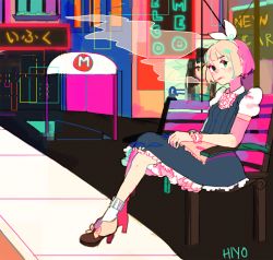 Rule 34 | 1girl, animated, animated gif, aqua eyes, blonde hair, bow, breasts, cigarette, commentary, dress, english commentary, hair bow, highres, looking at viewer, neon lights, original, road, routexx, short hair, short sleeves, sidewalk, small breasts, smoke, smoking, socks, solo, street, white bow, white socks