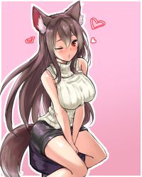 Rule 34 | 1girl, ;o, alternate costume, amagi (amagi626), animal ear fluff, animal ears, bare shoulders, between legs, black skirt, blush, breasts, brown hair, chair, collarbone, commentary request, eyelashes, feet out of frame, hair between eyes, hand between legs, heart, highres, imaizumi kagerou, large breasts, lips, long hair, looking at viewer, microskirt, one-hour drawing challenge, one eye closed, open mouth, pink background, pouty lips, red eyes, ribbed sweater, sidelocks, simple background, sitting, skirt, sleeveless, sleeveless sweater, solo, sweater, tail, thighs, touhou, v arms, wolf ears, wolf tail