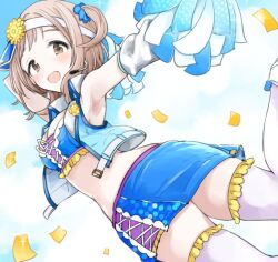Rule 34 | 1girl, arm up, armpits, bare shoulders, blue jacket, blue ribbon, blue skirt, blue tube top, blush, breasts, brown eyes, brown hair, cheerleader, cleavage, cloud, cloudy sky, confetti, cropped jacket, flower, frilled tube top, frills, from behind, hair flower, hair ornament, hair ribbon, holding, holding pom poms, idolmaster, idolmaster shiny colors, jacket, light brown hair, long hair, looking at viewer, looking back, medium breasts, midriff, miniskirt, morina nao, open clothes, open jacket, open mouth, outstretched arm, pom pom (cheerleading), pom poms, ribbon, sakuragi mano, shoes, skirt, sky, sleeveless, sleeveless jacket, smile, solo, standing, standing on one leg, strapless, thighhighs, tube top, visor cap, white thighhighs, yellow flower