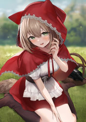 Rule 34 | 1girl, :d, animal ears, apron, basket, blurry, blurry background, blush, boots, bottle, brown hair, capelet, cbi cbi, fang, forest, grass, green eyes, hand on lap, highres, hood, hood up, hooded capelet, little red riding hood, little red riding hood (grimm), looking at viewer, nature, open mouth, outdoors, red capelet, red hood, red skirt, sash, seiza, short hair, sitting, skirt, sky, smile, solo, sweatdrop, tail, wariza