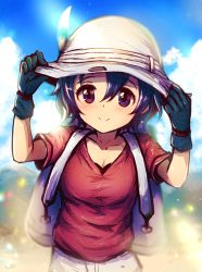 Rule 34 | 10s, 1girl, adjusting clothes, adjusting headwear, backpack, bag, black gloves, black hair, blue eyes, blue sky, blush, breasts, bucket hat, cleavage, cloud, cloudy sky, collarbone, commentary, cowboy shot, day, dot nose, eyelashes, gloves, hair between eyes, hands on headwear, hands up, hat, hat feather, kaban (kemono friends), kara (color), kemono friends, looking at viewer, medium breasts, mountain, outdoors, red shirt, sandstar, shirt, short hair, short sleeves, shorts, sky, smile, solo, tareme, white hat, white shorts