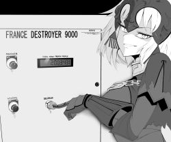 Rule 34 | 1girl, absurdres, armor, armored dress, chain, english text, fate/grand order, fate (series), greyscale, grin, headpiece, highres, jeanne d&#039;arc alter (avenger) (fate), jeanne d&#039;arc alter (fate), looking at viewer, looking back, monochrome, pressing, push-button, sally (luna-arts), smile, smug, solo