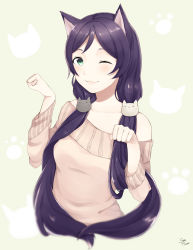 Rule 34 | 10s, 1girl, animal ears, cat ears, green eyes, highres, long hair, love live!, love live! school idol project, mizuiro 32, off shoulder, one eye closed, paw pose, purple hair, signature, solo, sweater, tojo nozomi, twintails, wink