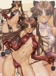 Rule 34 | 1girl, breasts, brown eyes, brown hair, bun cover, cameltoe, cone hair bun, double bun, elbow gloves, gloves, greaseberries, grin, hair bun, highres, lips, looking at viewer, naughty face, nenenn cranberry, open mouth, panties, shirou masamune, smile, solo, twintails, underwear, undressing, wet