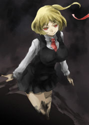 Rule 34 | 1girl, arms at sides, ascot, blonde hair, blouse, breasts, collared shirt, darkness, dress shirt, ex-rumia, hair ribbon, unworn headwear, large breasts, looking at viewer, miniskirt, red ascot, red eyes, ribbon, rumia, shirt, short hair, side ponytail, skirt, skirt set, smile, solo, touhou, v-shaped eyebrows, white shirt, yohane