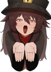 Rule 34 | 1girl, brown hair, chinese clothes, flasso, genshin impact, hat, highres, hu tao (genshin impact), long sleeves, looking at viewer, open mouth, porkpie hat, red eyes, saliva, saliva trail, solo, symbol-shaped pupils, tongue, tongue out