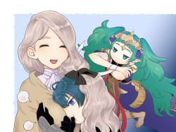 Rule 34 | 1boy, 2girls, between breasts, blonde hair, blue eyes, blue hair, grabbing another&#039;s breast, breasts, byleth (fire emblem), byleth (male) (fire emblem), closed eyes, emblem, face between breasts, fire emblem, fire emblem: three houses, garreg mach monastery uniform, gloves, grabbing, green eyes, green hair, head between breasts, head on chest, mercedes von martritz, multiple girls, nintendo, open mouth, side ponytail, sothis (fire emblem), thumb sucking