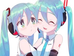 Rule 34 | 2girls, :t, aqua eyes, aqua hair, aqua necktie, bare shoulders, black sleeves, blush stickers, cheek-to-cheek, closed eyes, closed mouth, detached sleeves, dual persona, hair ornament, hand on another&#039;s back, hand up, hatsune miku, hatsune miku (vocaloid4), headphones, heads together, headset, highres, hug, long hair, looking at another, multiple girls, necktie, negi o2, parted lips, shirt, shoulder tattoo, simple background, sleeveless, sleeveless shirt, smile, tattoo, twintails, v4x, very long hair, vocaloid, white background, white shirt