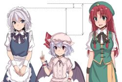 Rule 34 | 3girls, apron, arms at sides, asa (coco), bat wings, beret, blue dress, braid, breasts, colored eyelashes, dress, green eyes, green vest, hair ribbon, hat, height difference, hong meiling, izayoi sakuya, large breasts, light purple hair, long hair, looking at another, maid, maid headdress, medium breasts, mob cap, multiple girls, open mouth, puffy short sleeves, puffy sleeves, red eyes, red hair, remilia scarlet, ribbon, shirt, short hair, short sleeves, side slit, silver hair, sketch, skirt, skirt set, small breasts, star (symbol), touhou, tress ribbon, twin braids, upper body, v arms, vest, waist apron, white shirt, wings, wrist cuffs
