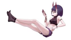 Rule 34 | 1girl, arm strap, bare shoulders, bell, black socks, blue eyes, blunt bangs, bob cut, bracelet, breasts, bustier, cellphone, crossed ankles, fate/grand order, fate (series), feet, from side, full body, hair ornament, hairclip, heart pasties, highres, horns, invisible chair, jewelry, jingle bell, legs, looking at viewer, lying, medium breasts, navel, neck bell, no shoes, pasties, phone, purple hair, purple shorts, revealing clothes, see-through, shirai nana, short hair, short shorts, shorts, shuten douji (fate), simple background, sitting, skin-covered horns, smartphone, socks, solo, stomach, white background, x hair ornament